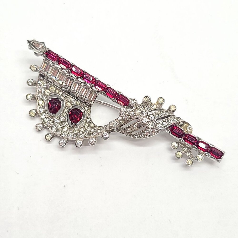 Vintage Mazer Brothers rhodium 3D brooch ruby red clear crystal sculptural rare